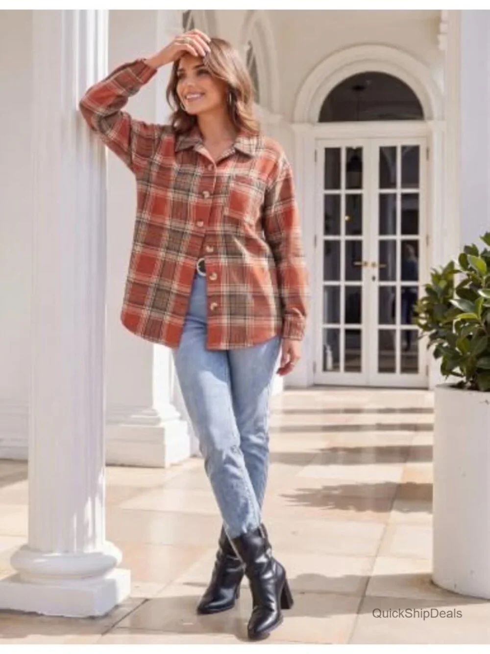 Flannel Shacket Jacket Plaid Button Down Long Sleeve Women Casual